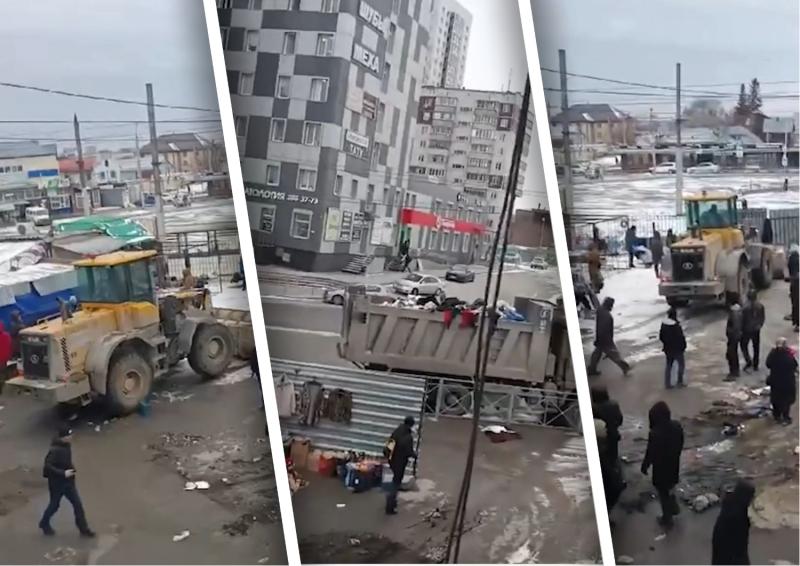 «Разогнали гадюшник»: трактор снес нелегальные торговые точки с мигрантами в Новосибирске